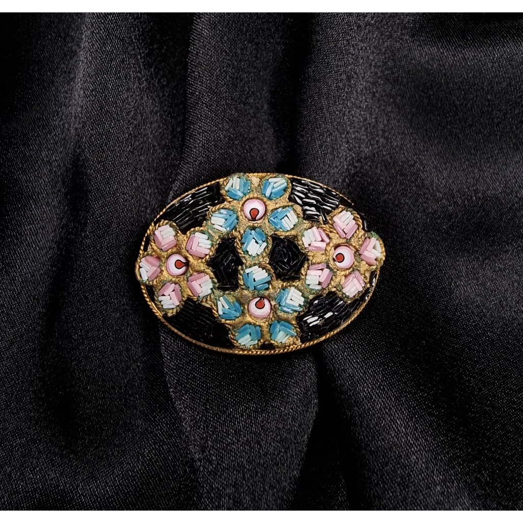 Vintage 1940s Made In Italy Signed Mosaic Brooch With Floral Design